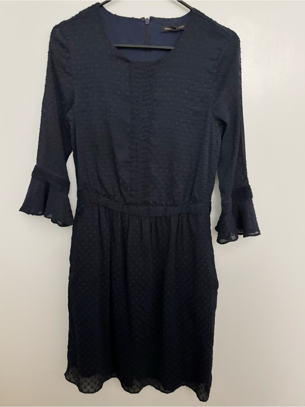 Banana Republic Women’s Navy Textured Swiss Dot Formal Dress Ruffle Sleeves